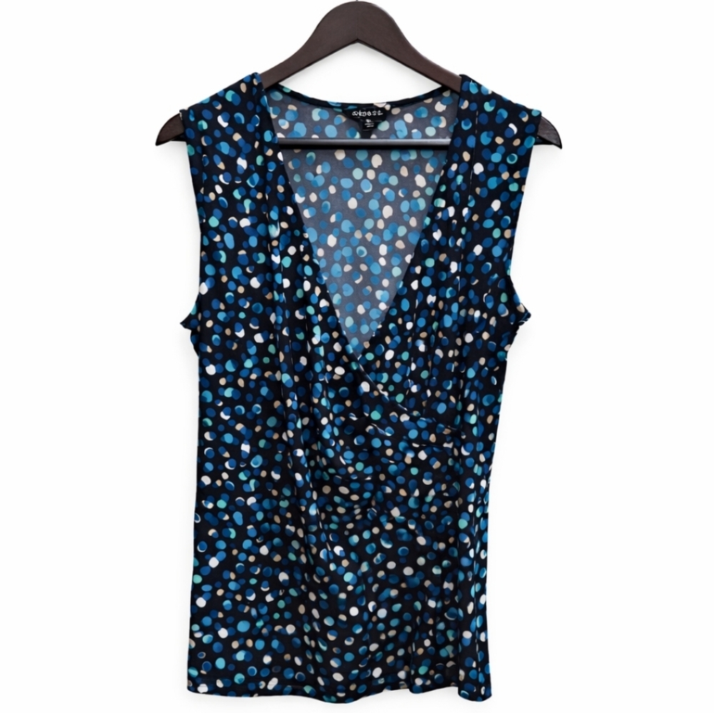 George Shades Of Blue Sleeveless Spotted Faux Wrap Blouse Sz Med